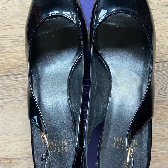 Stuart Weizman, black, patent leather wedge heels.